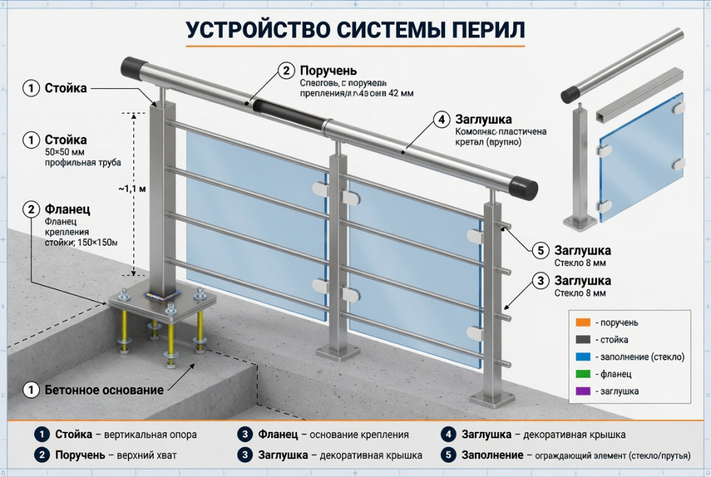 Схема устройства перил из нержавеющей стали — стойка, поручень, фланец, заглушка, заполнение