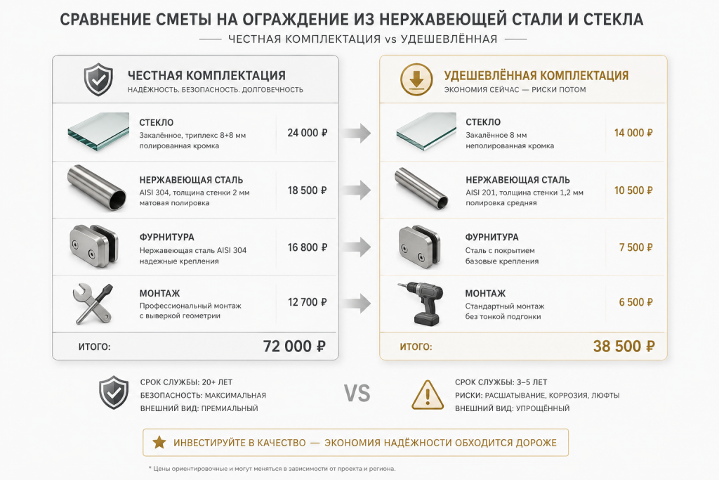 Сравнение двух смет на перила — честная комплектация против удешевлённой