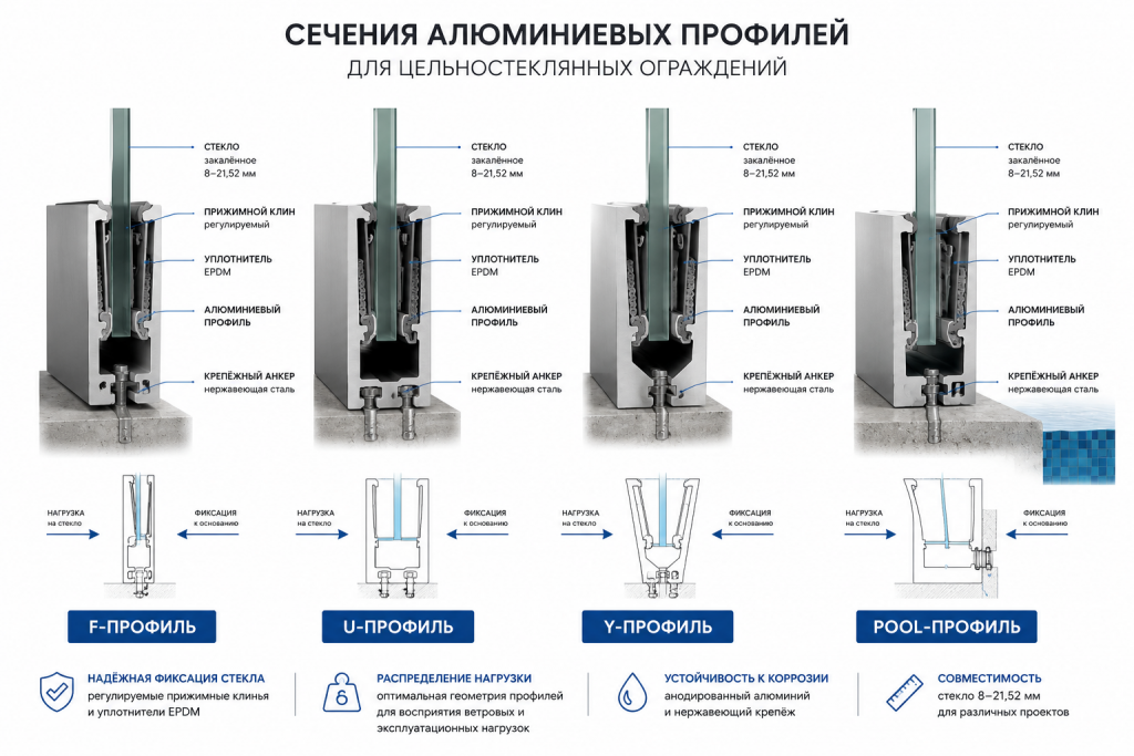 Сечения алюминиевых профилей — F, U, Y и pool fence для цельностеклянных ограждений