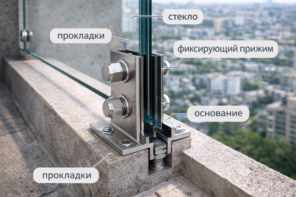 Крепёж балконного стеклянного ограждения — прокладки, фиксирующий прижим и монтаж к бетонному основанию