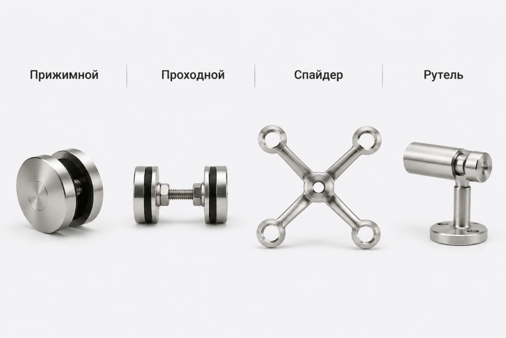 Виды точечных креплений стекла — прижимной, проходной, спайдер, рутель